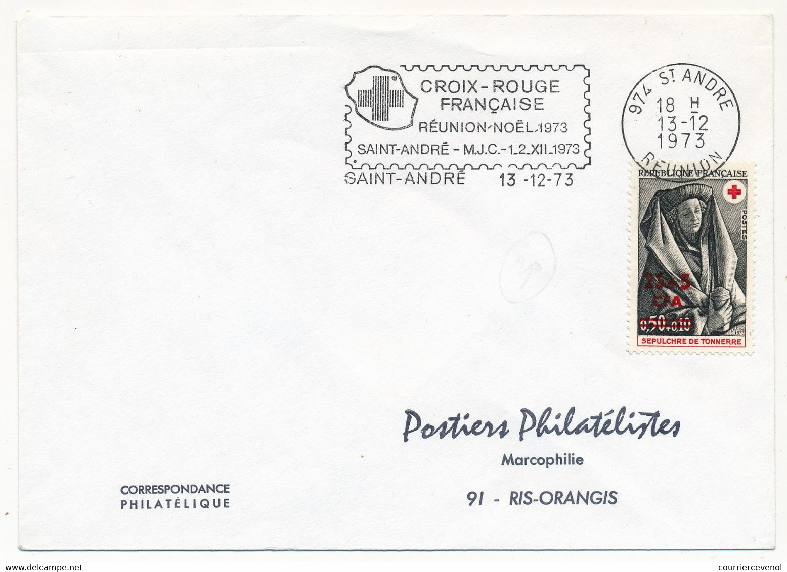 REUNION - Enveloppe Affr 15F + 5F Sepulchre De Tonnerre - OMEC Croix Rouge Française - St André 1973 - Cartas & Documentos