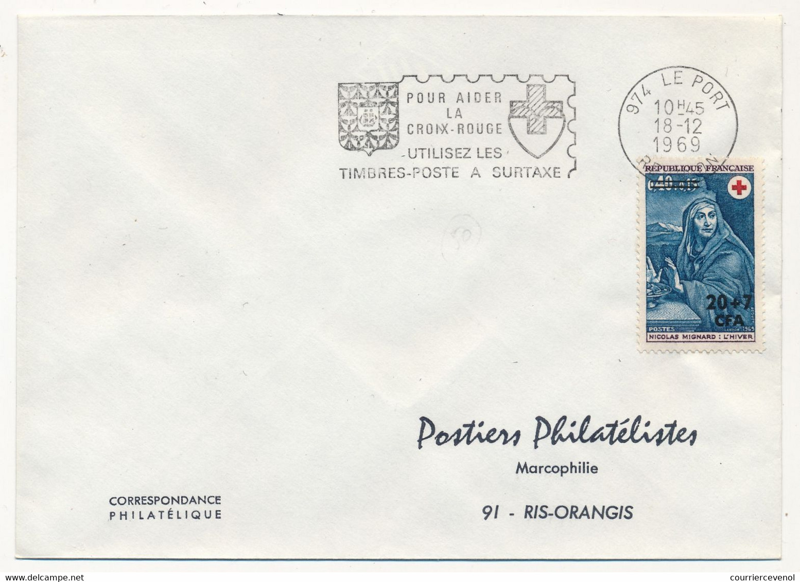 REUNION - Enveloppe Affr 20F + 7F Nicolas Mignard, L'Hiver - OMEC Croix Rouge Française - Le Port 1969 - Storia Postale