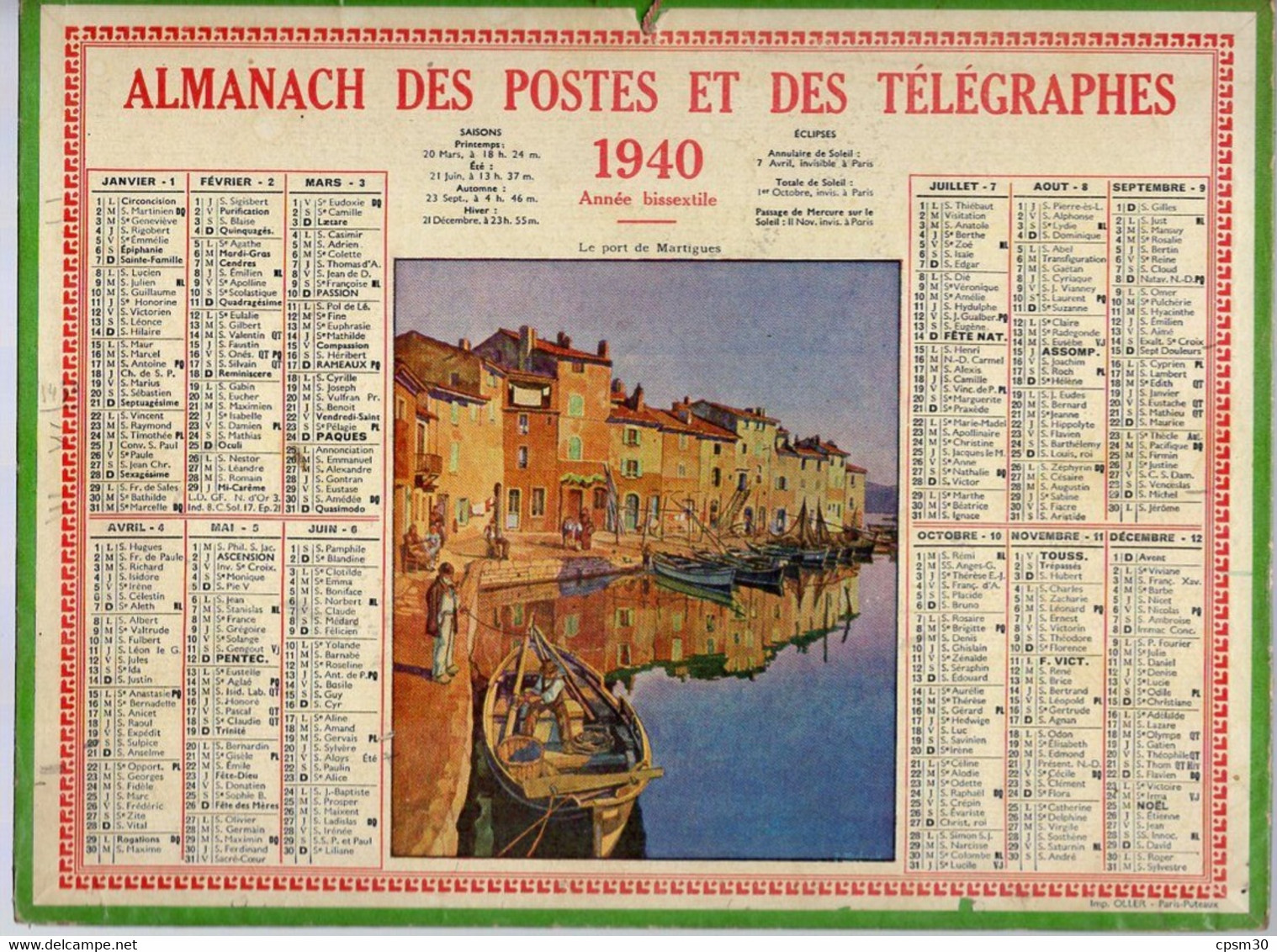 CALENDRIER GF 1940 - Le Port De Martigues, Dessin De ??R Michault??, Imprimeur Oller Puteaux - Big : 1921-40