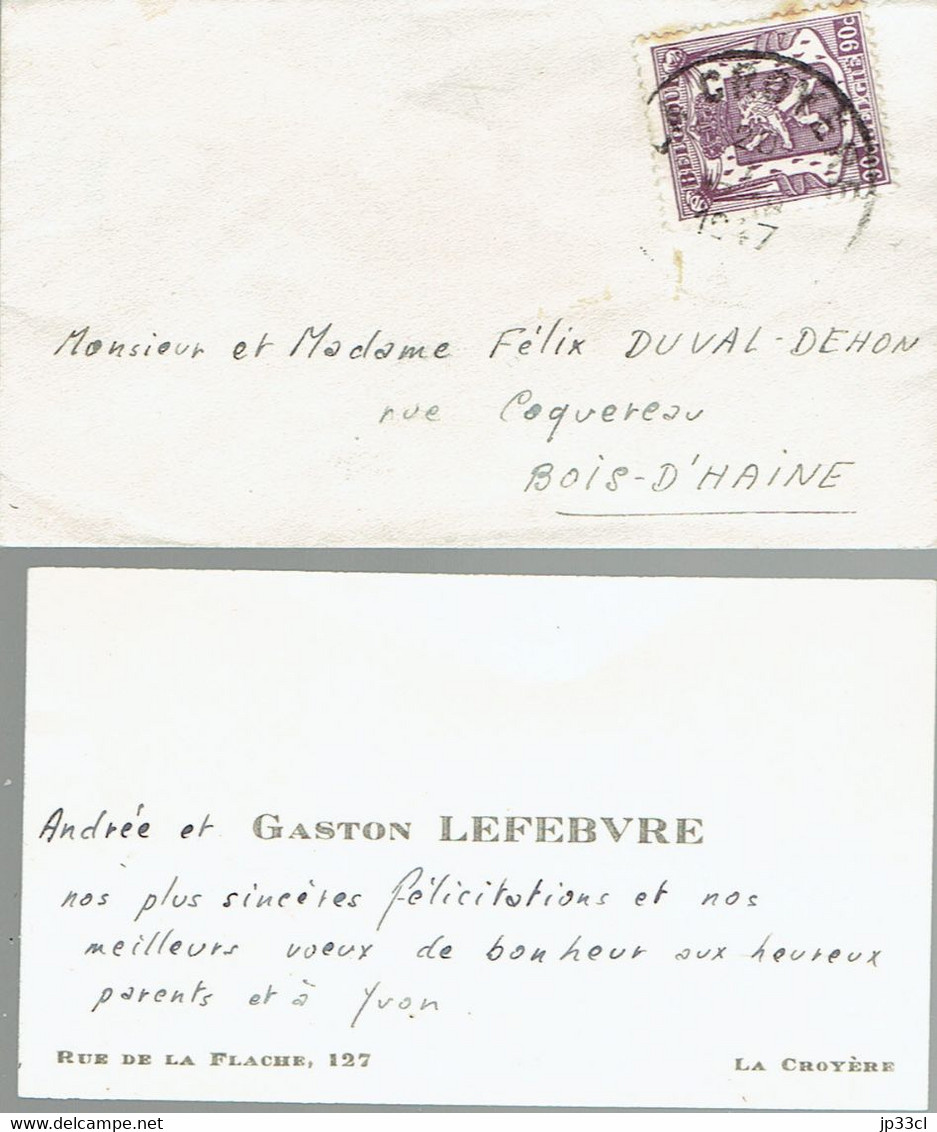 Carte De Visite Autographe D'Andrée Et Gaston Lefebvre, Rue De La Flache, La Croyère Vers Bois-d'Haine (janvier 1947) - Visiting Cards