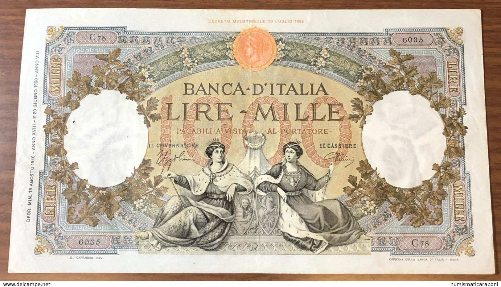 1000 Lire Regine Del Mare Fascio Roma 19 08 1940 Raro Ottimi Colori Ma Pressato Forellini E Timbro Al R. Bb+  LOTTO 2967 - 1.000 Lire