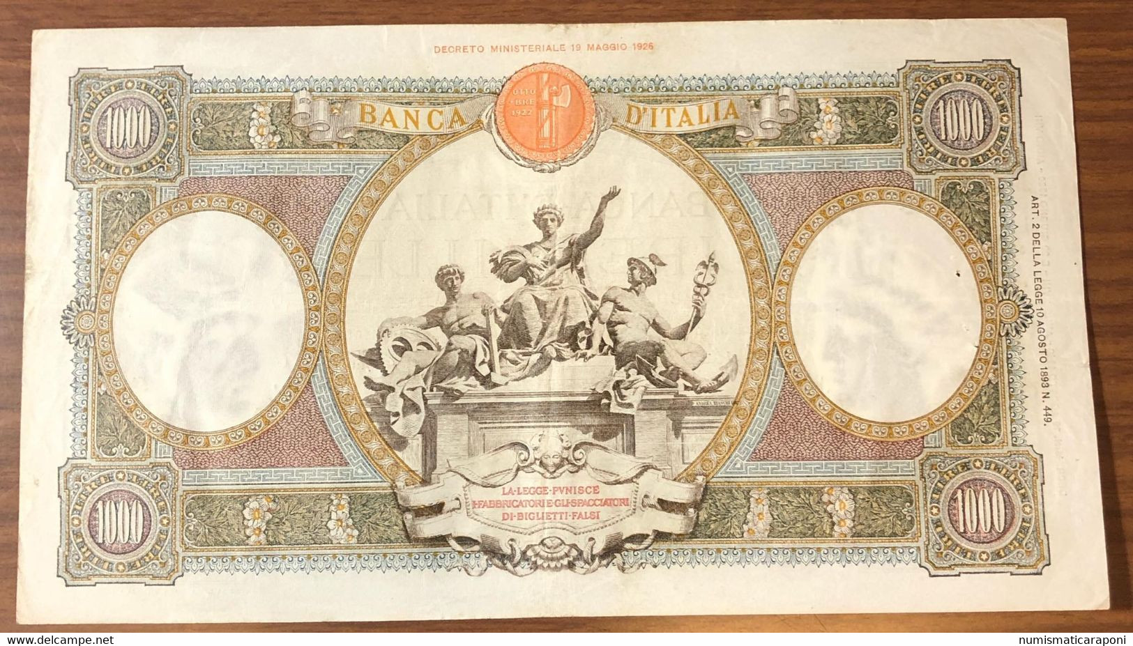 1000 Lire Regine Del Mare Fascio Roma 19 08 1940 Raro Ottimi Colori Ma Pressato Forellini E Timbro Al R. Bb+  LOTTO 2967 - 1000 Liras