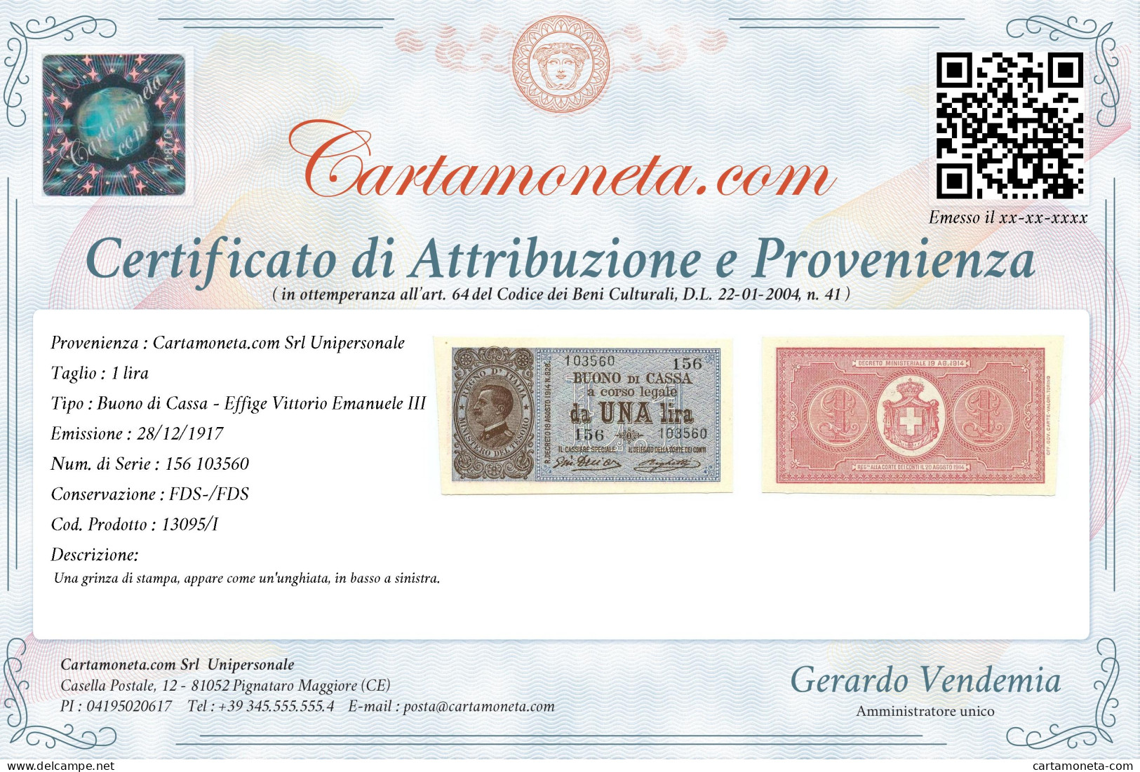 1 LIRA BUONO DI CASSA EFFIGE VITTORIO EMANUELE III 28/12/1917 FDS-/FDS - Sonstige