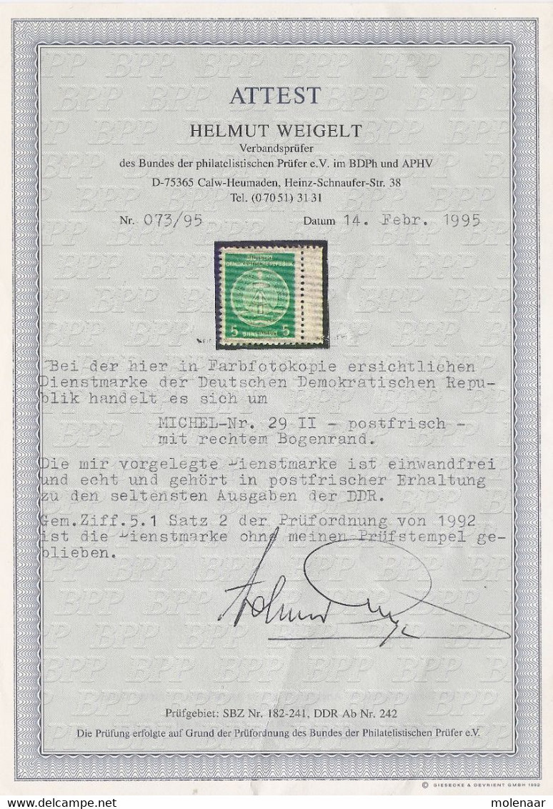 Duitsland DDR Attest Voor Dienstzegel Michelno. 29 II (805) - Other & Unclassified