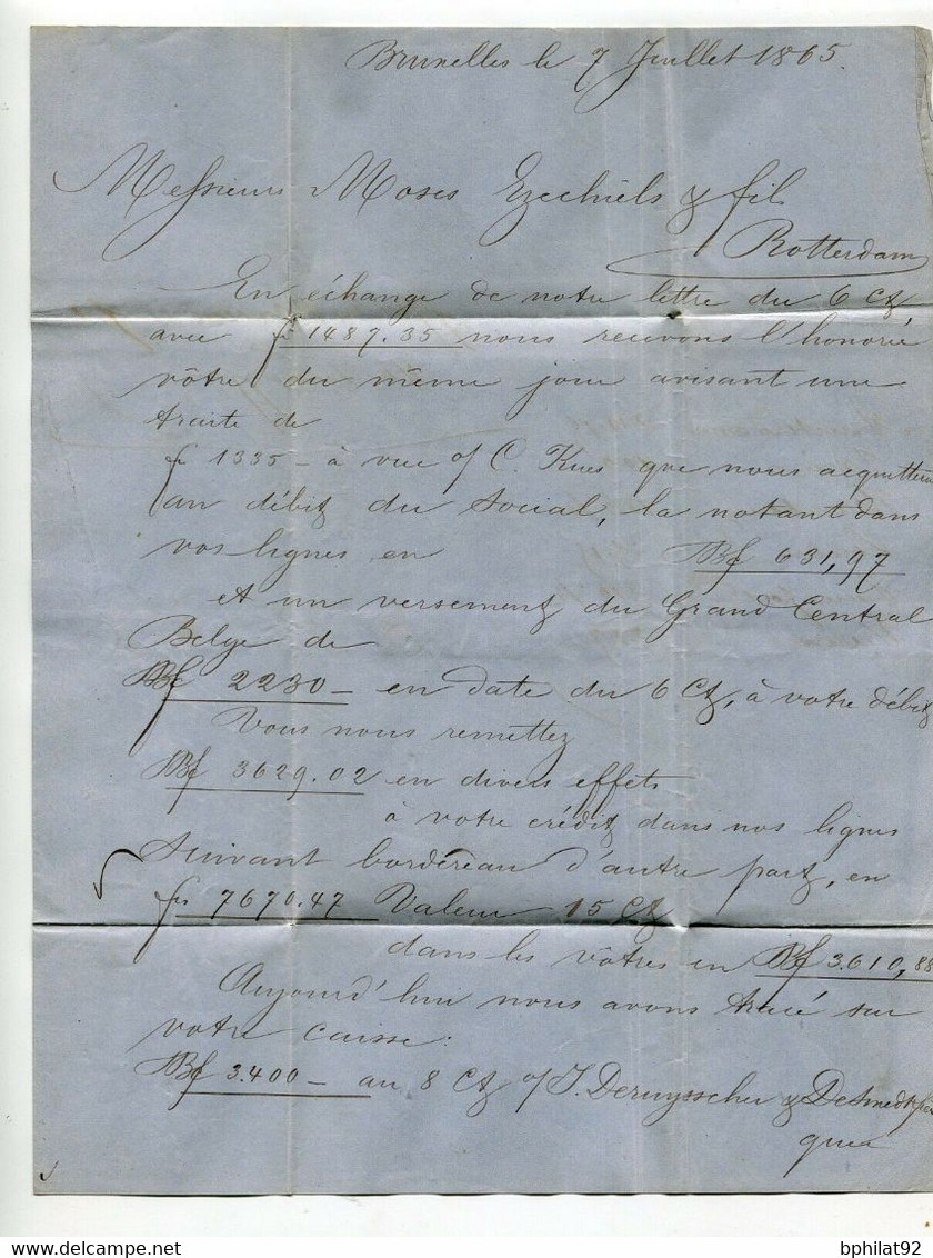 !!! BELGIQUE, LETTRE DE 1865 DE BRUXELLES POUR ROTTERDAM - 1865-1866 Profil Gauche