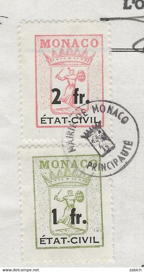 TIMBRES FISCAUX DE MONACO TIMBRE ETAT CIVIL MAIRIE DE MONACO N°27 1F Vert  Papier Blanc Et N°28 2Fr Rose De 1973 - Fiscaux