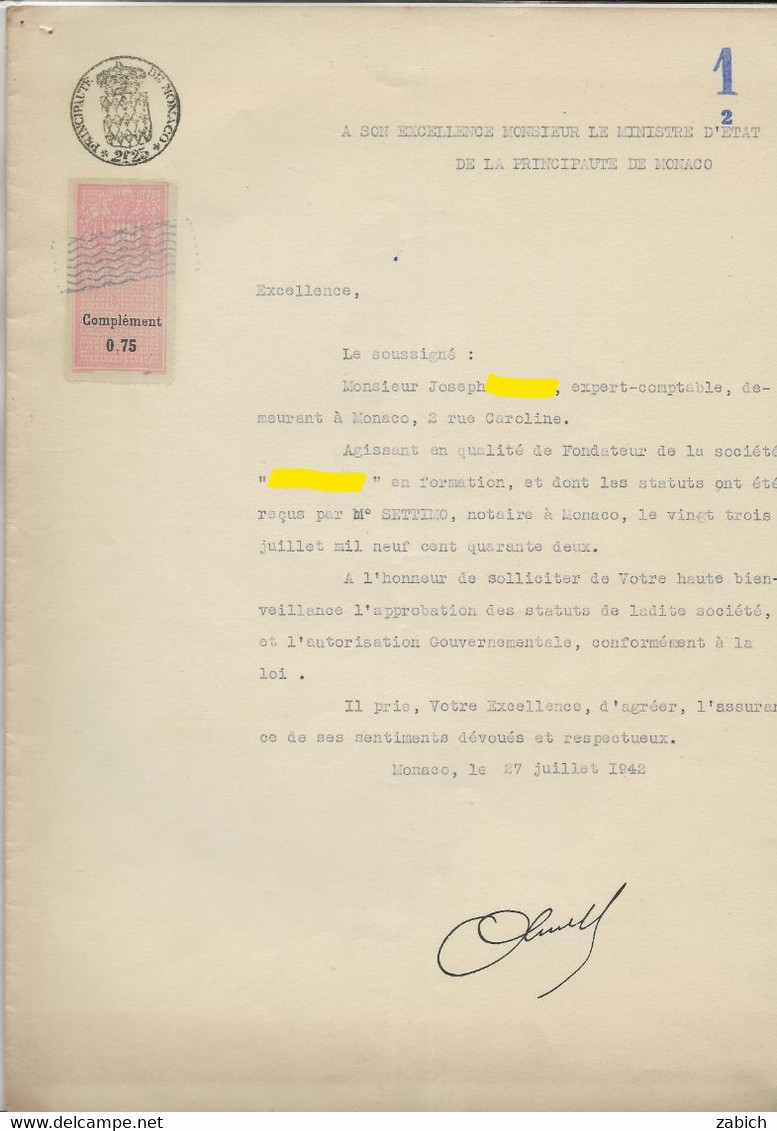 TIMBRES FISCAUX DE MONACO DIMENSIONS N°12  0,75  ROSE En Complément Sur  Papier Timbre à 2F25 DE 1942 - Fiscaux