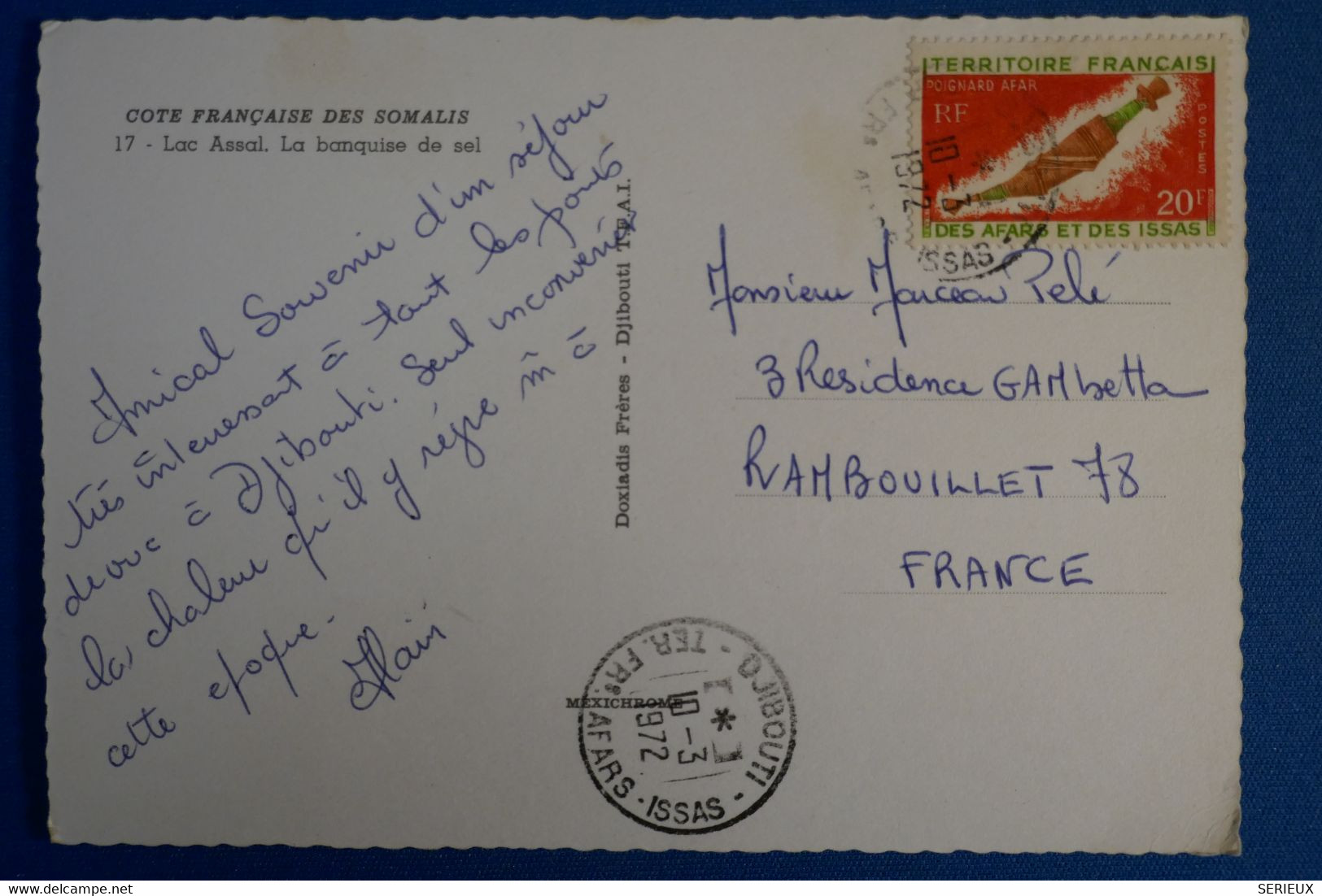 M10  TERR. AFARS FRANCE BELLE CARTE 1972 DJIBOUTI POUR RAMBOUILLET + AFFRANCHISSEMENT PLAISANT - Storia Postale