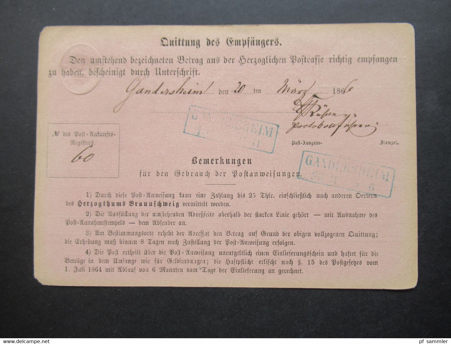 AD Braunschweig 19.3.1866 Postanweisung Bis 25 Thaler Herzogthum Braunschweig Blauer Ra2 Badenhausen Und Gandersheim - Braunschweig