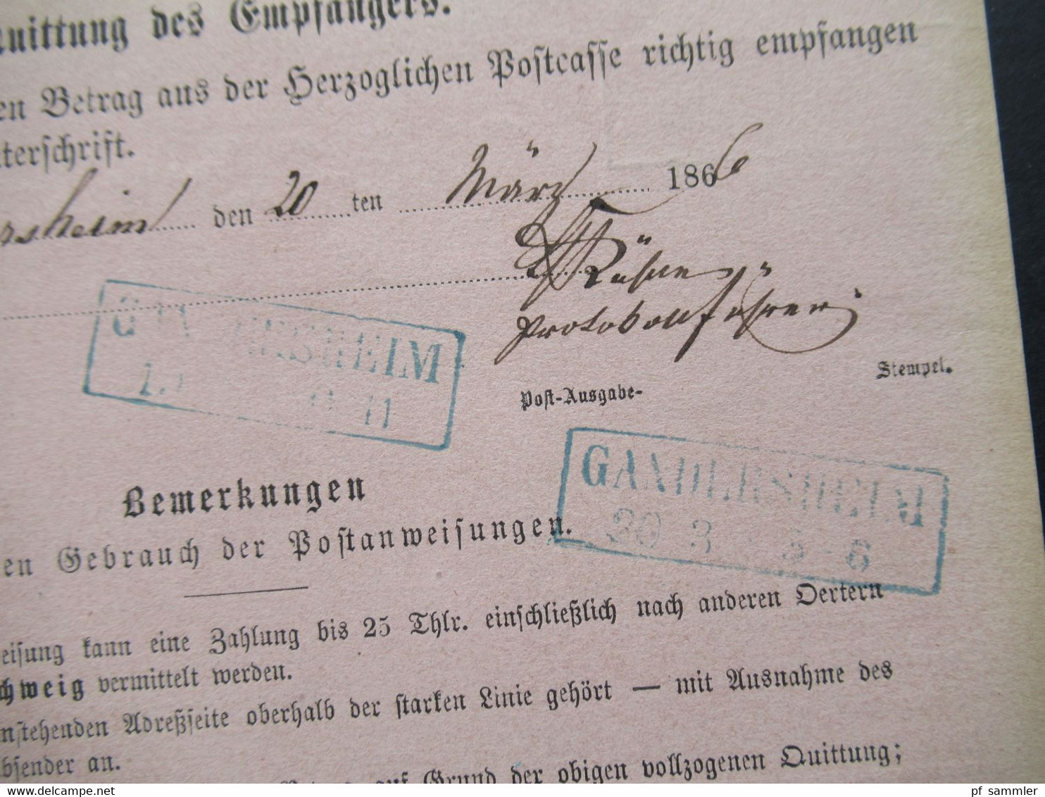 AD Braunschweig 19.3.1866 Postanweisung Bis 25 Thaler Herzogthum Braunschweig Blauer Ra2 Badenhausen Und Gandersheim - Brunswick