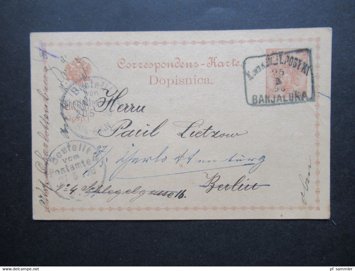 Österreichisch / Bosnien 1898 GA P 1 Und Stempel K Und K Milit. Postamt Banjaluka Nach Berlin Und Dann Weitergeleitet - Bosnie-Herzegovine