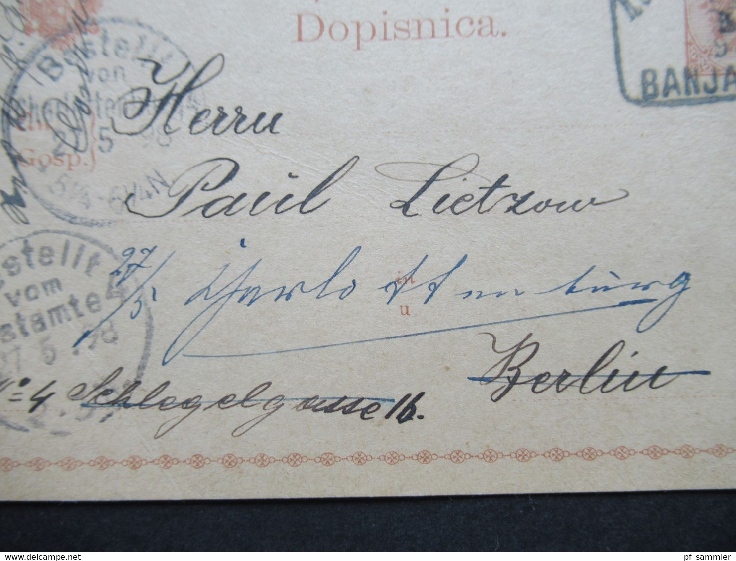 Österreichisch / Bosnien 1898 GA P 1 Und Stempel K Und K Milit. Postamt Banjaluka Nach Berlin Und Dann Weitergeleitet - Bosnie-Herzegovine