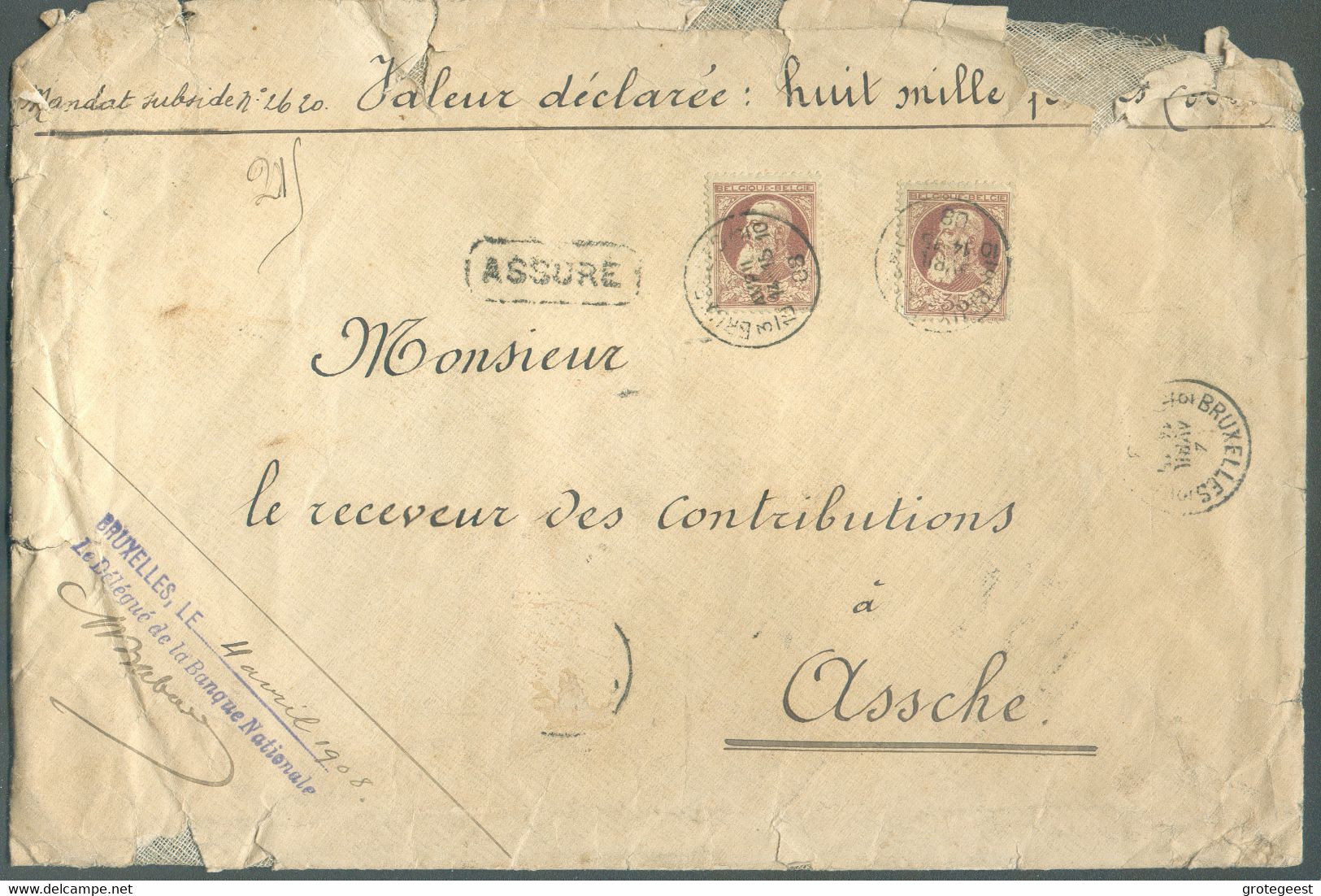 N°77(2) - 35 Centimes Grosses Barbes (x2) Obl. Sc BRUXELLES 3/10 Sur Lettre ASSURE (valeur 8000 Frs) Du 3 Avril 1908 Ver - 1905 Grosse Barbe