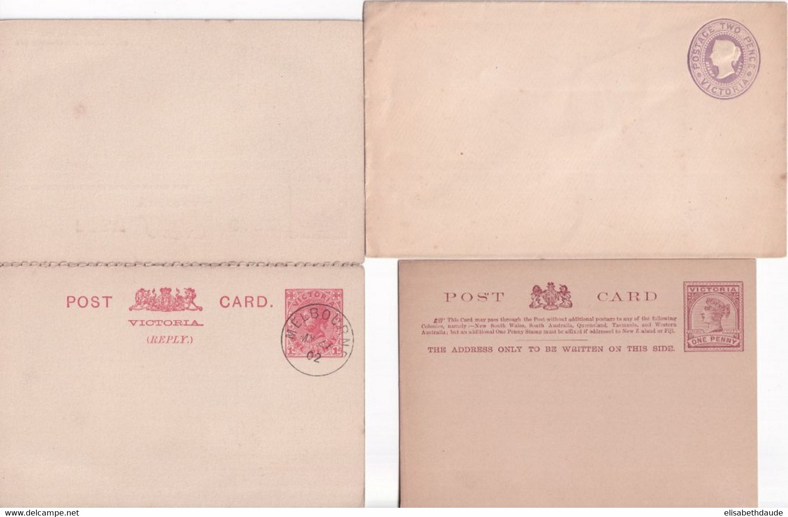 VICTORIA - ENTIERS POSTAUX - CARTE + CARTE REPONSE PAYEE (TACHES SUR 1° PARTIE) + ENVELOPPE NEUVES / OBLITEREE - Lettres & Documents