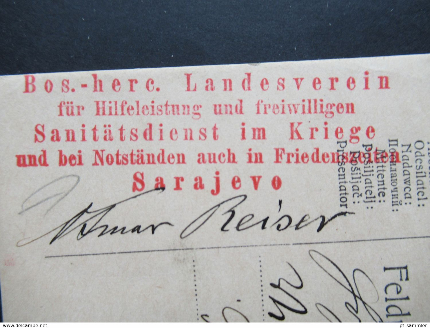 FP 1915 Maschinenstempel KuK Milit. Post Sarajevo Landesverein Hilfeleistungen Und Freiwilligen Sanitätsdienst Im Kriege - Lettres & Documents