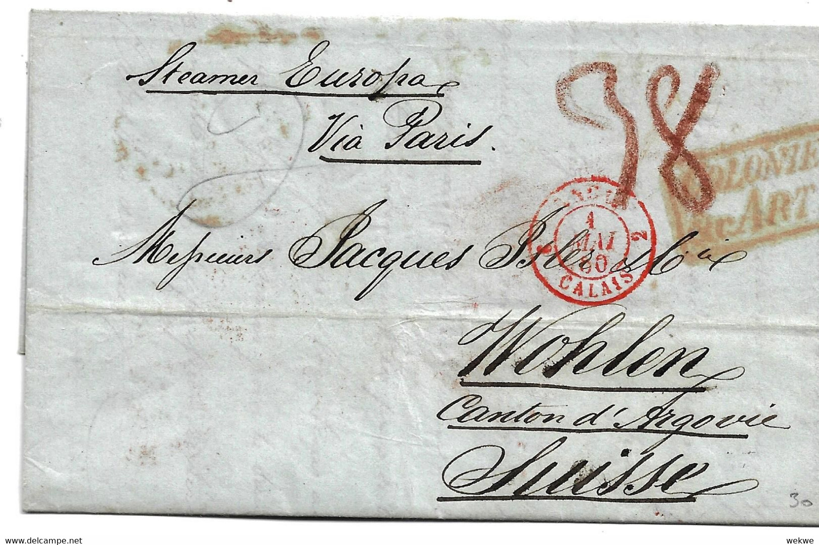 CH002 / SCHWEIZ - Mit Steamboat Europa Von N.Y. Via Paris Nach Wohlen/Schweiz 1850 - 1843-1852 Federale & Kantonnale Postzegels