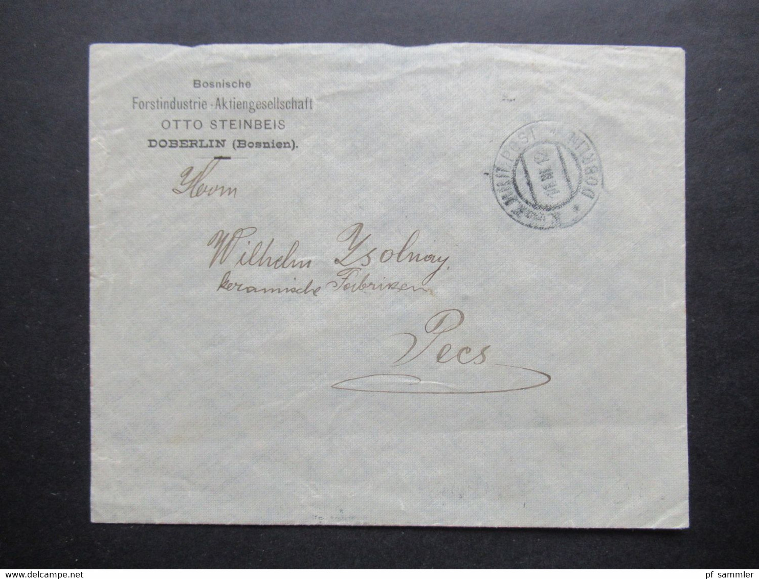 Österreich / Bosnien 1912 Nr. 34 EF Umschlag Bosnische Forstindustrie AG Otto Steinbeis Doberlin (Bosnien) Nach Pecs - Bosnie-Herzegovine