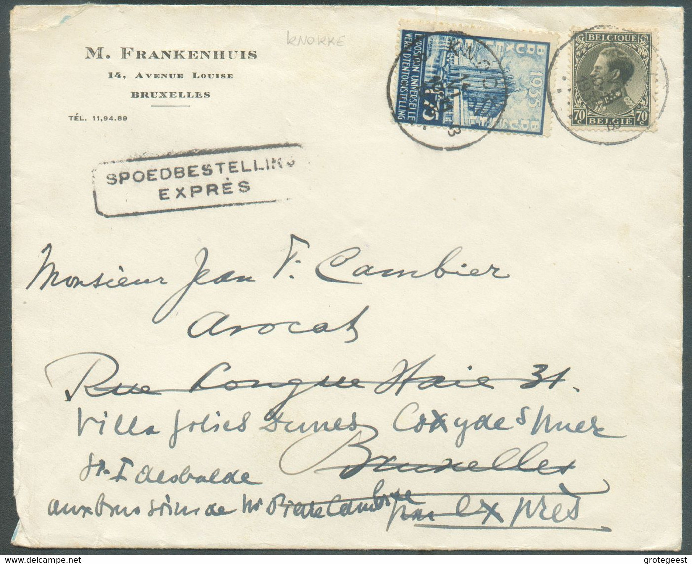 N°389-401 Obl. Sc KNOCKE Sur Lettre Du 14 Juin 1935 En EXPRES Vers Bruxelles (biffé) Et Renvoi Vers Saint-Idesbald - Ver - 1934-1935 Léopold III