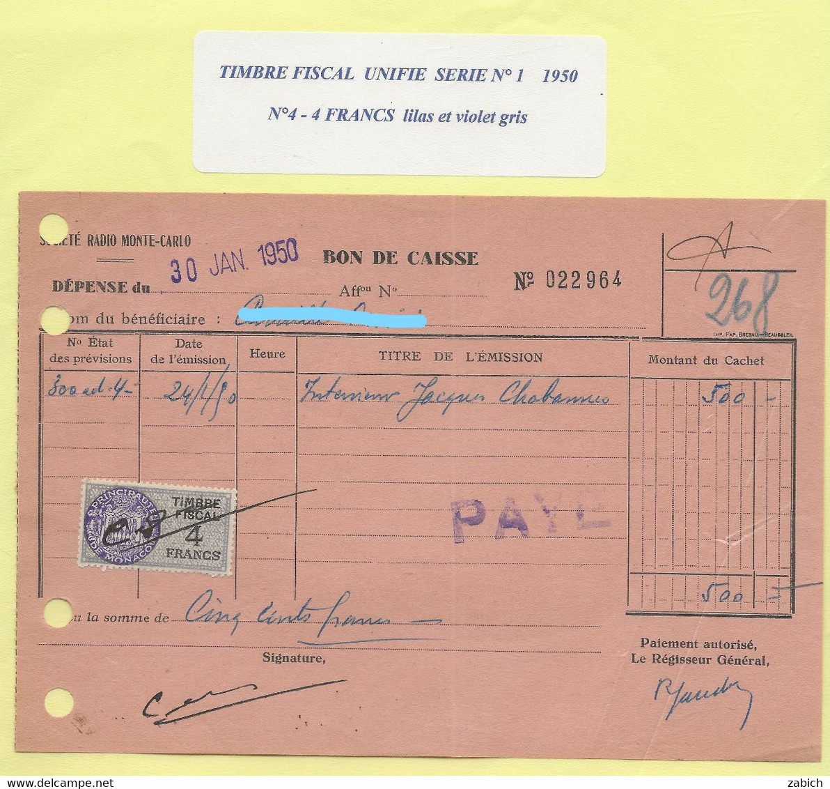FISCAUX DE MONACO SERIE UNIFIEE  De 1949 N°4  4F  Violet 30 Janvier 1950 - Fiscaux