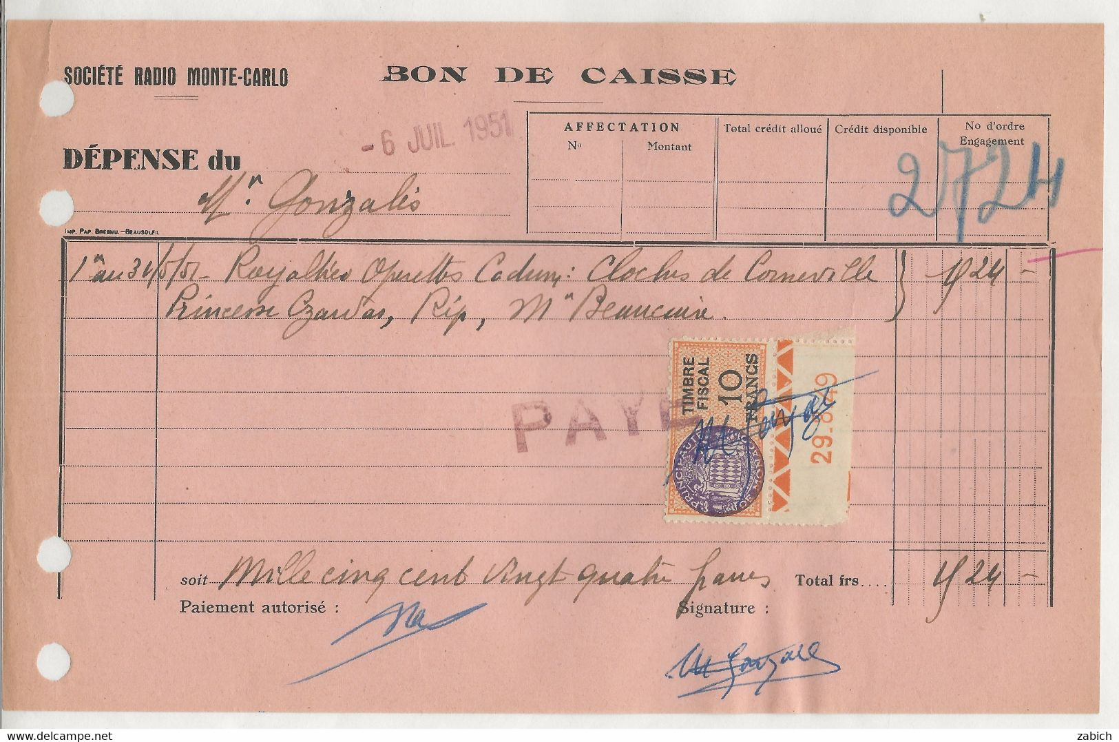 FISCAUX DE MONACO SERIE UNIFIEE  De 1949 N°6  10F Orange Coin Date Du 29 8 49 Le 6 Janvier 1951 - Fiscali