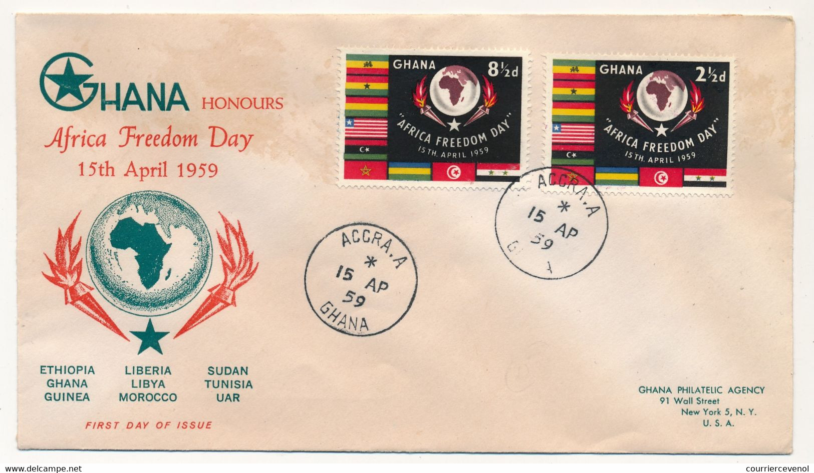 GHANA - 2 Valeurs "Africa Freedom Day" Sur FDC  15 Ap 1959 - ACCRA.A - Ghana (1957-...)