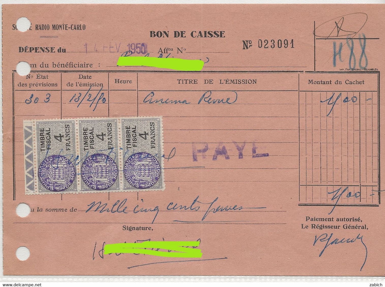 TIMBRES FISCAUX DE MONACO SERIE UNIFIEE  De 1949 N°4  4F Violet  3 Ex  14 Février 1950 - Revenue