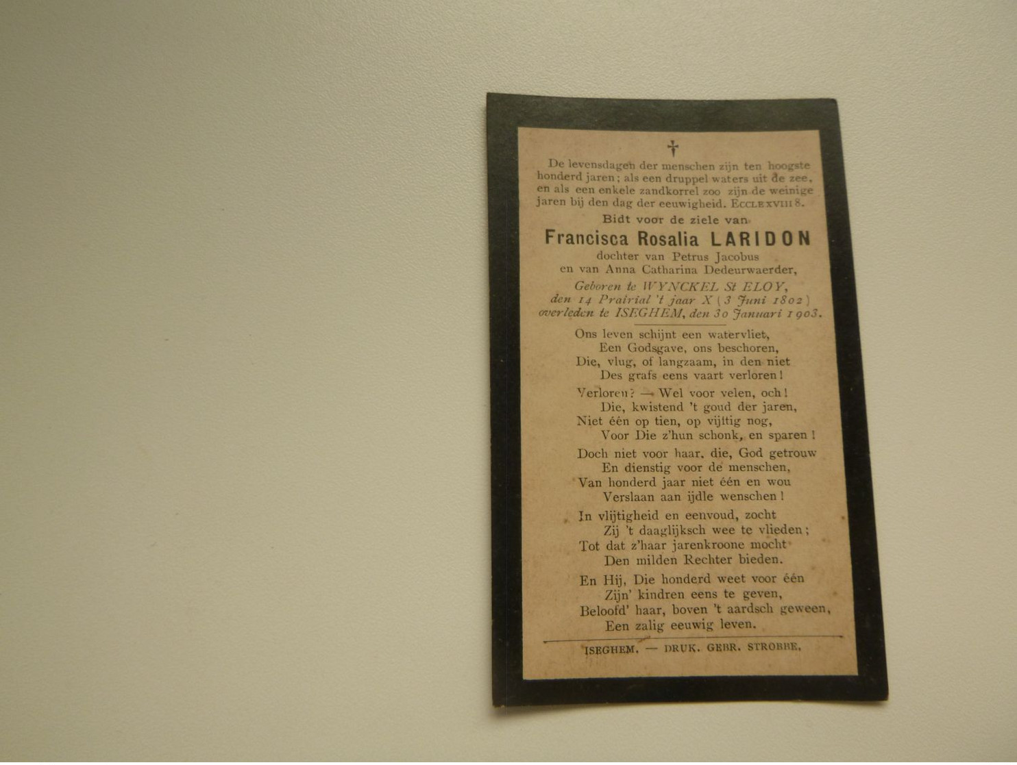 Doodsprentje (6220 )  Laridon / Dedeurwaerder     -   Winkel St. Elooi  -  Izegem    -   1903 - Obituary Notices