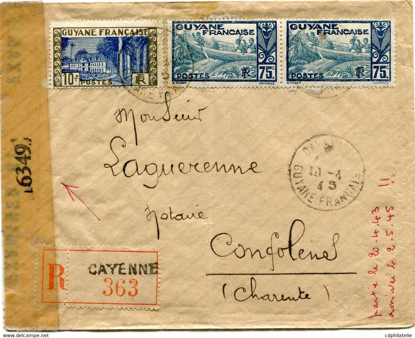 GUYANE FRANCAISE LETTRE RECOMMANDEE CENSUREE DEPART CAYENNE 10-4-45 GUINEE FRANCAISE POUR LA FRANCE - Storia Postale