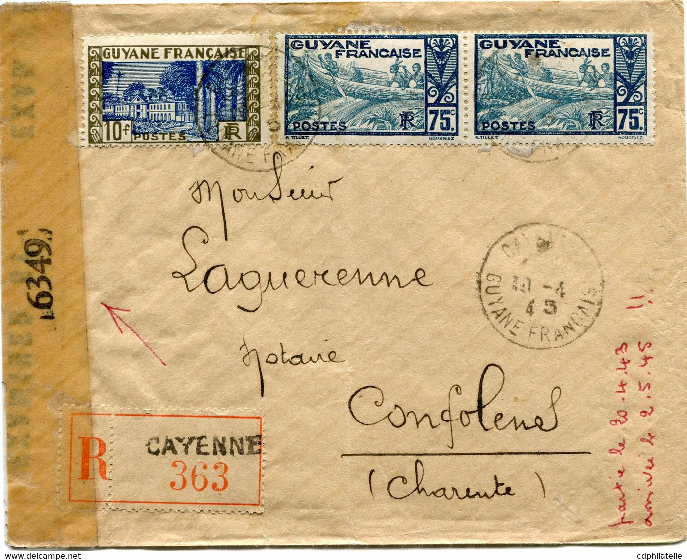 GUYANE FRANCAISE LETTRE RECOMMANDEE CENSUREE DEPART CAYENNE 10-4-45 GUINEE FRANCAISE POUR LA FRANCE - Brieven En Documenten