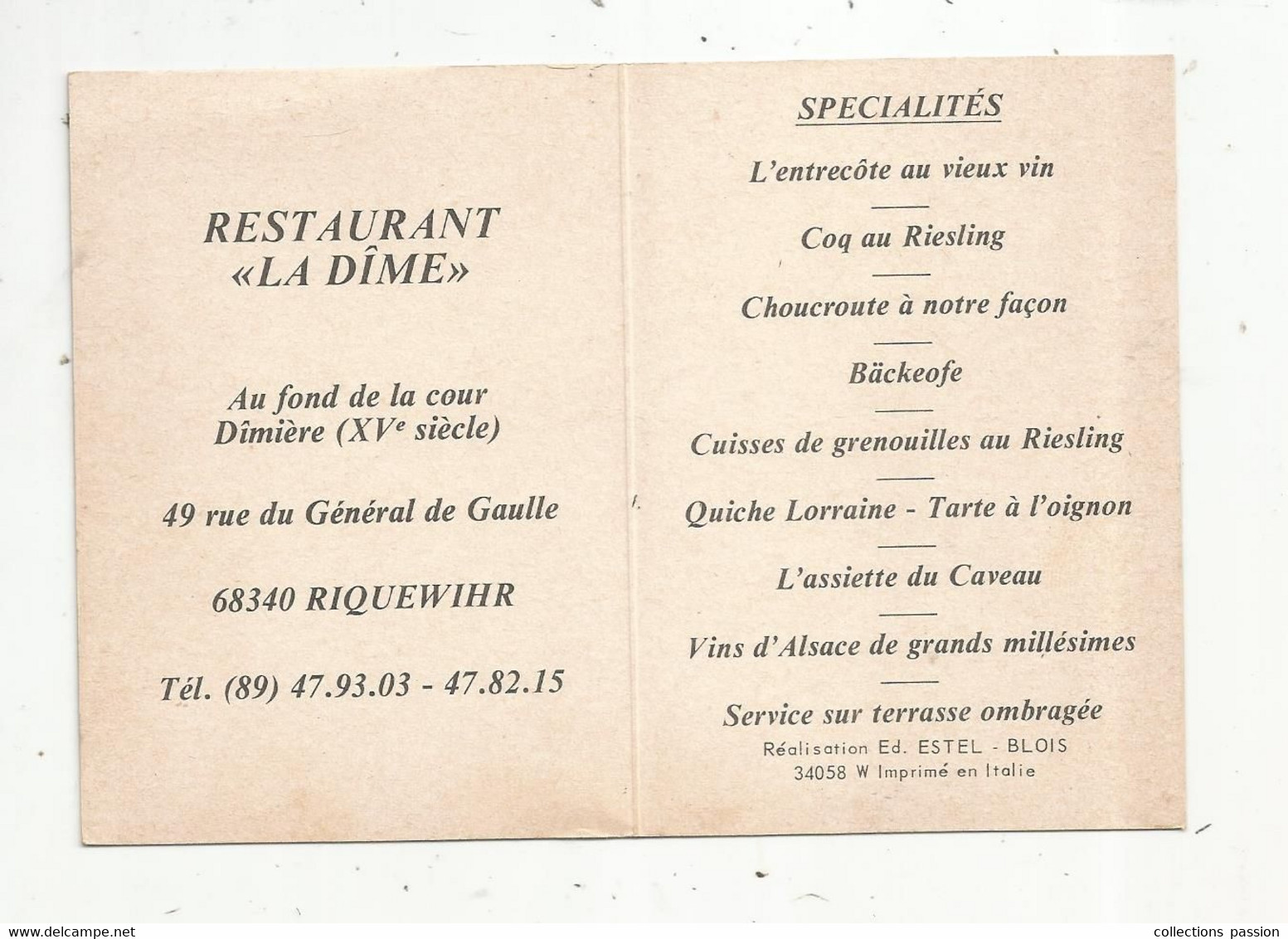 JC , G , Cp , Carte De Visite , Restaurant LA DÎME ,68 , RIQUEWIHR, 2 Scans - Tarjetas De Visita