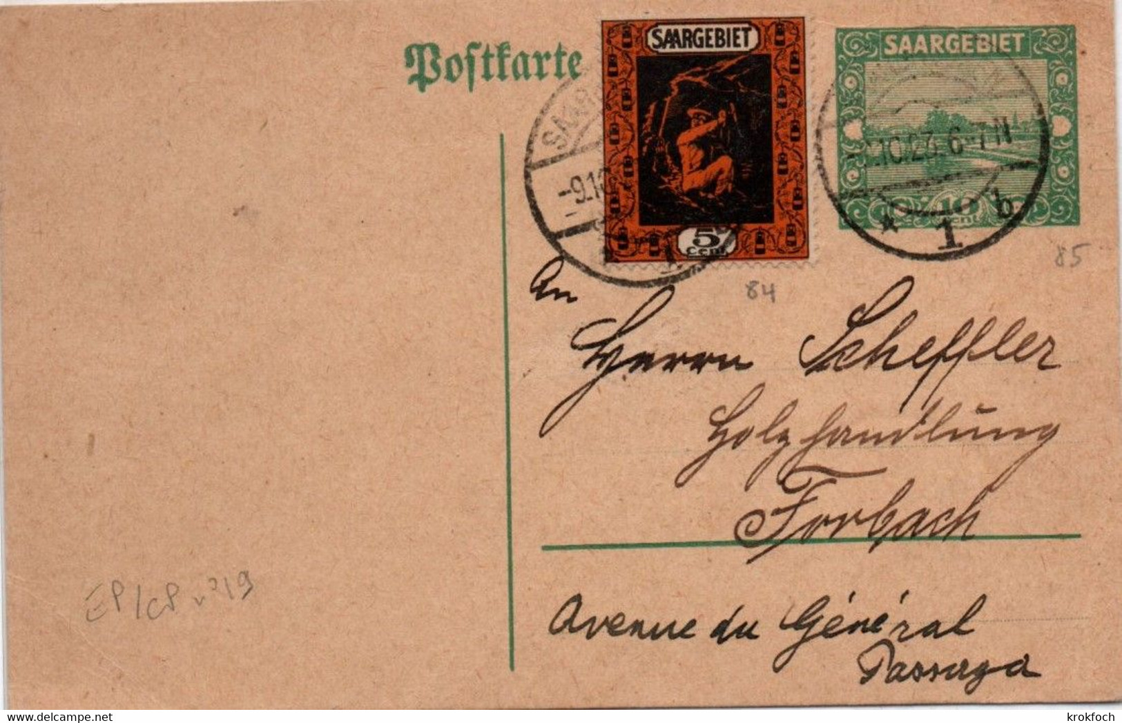 Postkarte N°19 - Saarbrucken 1923 - Ganzsache Entier Postal - Entiers Postaux