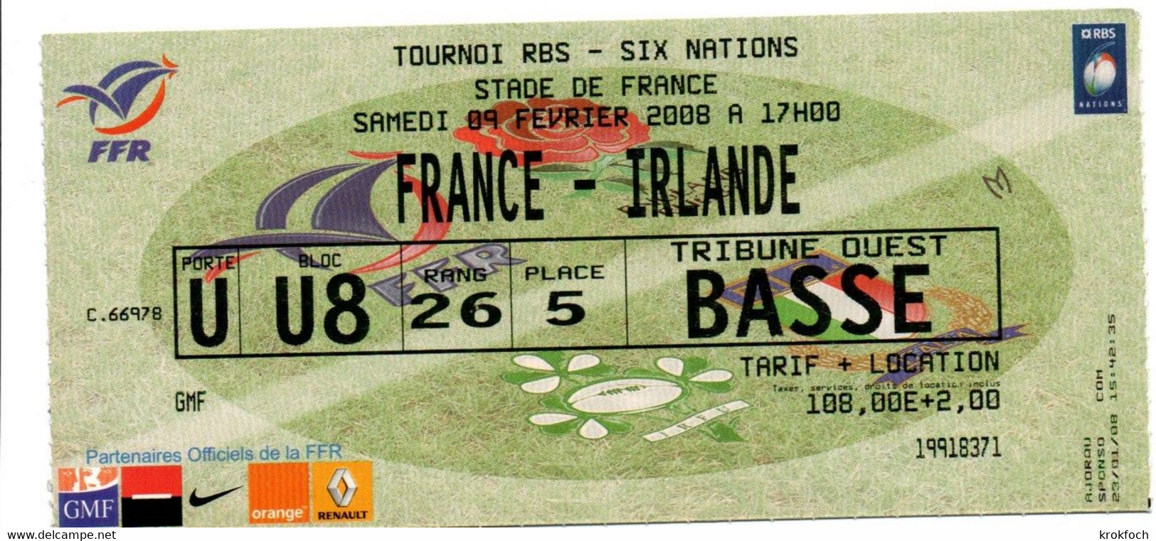 Rugby - Billet 2008 France-Irlande - Tournoi Des Six Nations - FFR - Rugby
