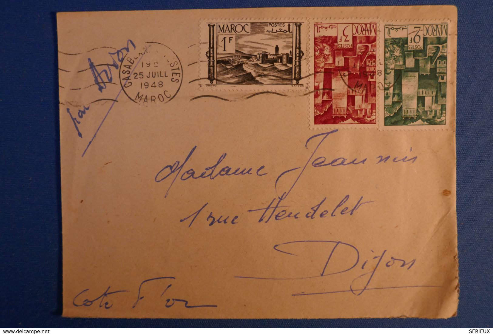 M11 MAROC BELLE LETTRE  1948 PAR AVION  CASABLANCA POUR DIJON FRANCE +AFFRANCH. TRICOLORE INTERESSANT - Storia Postale