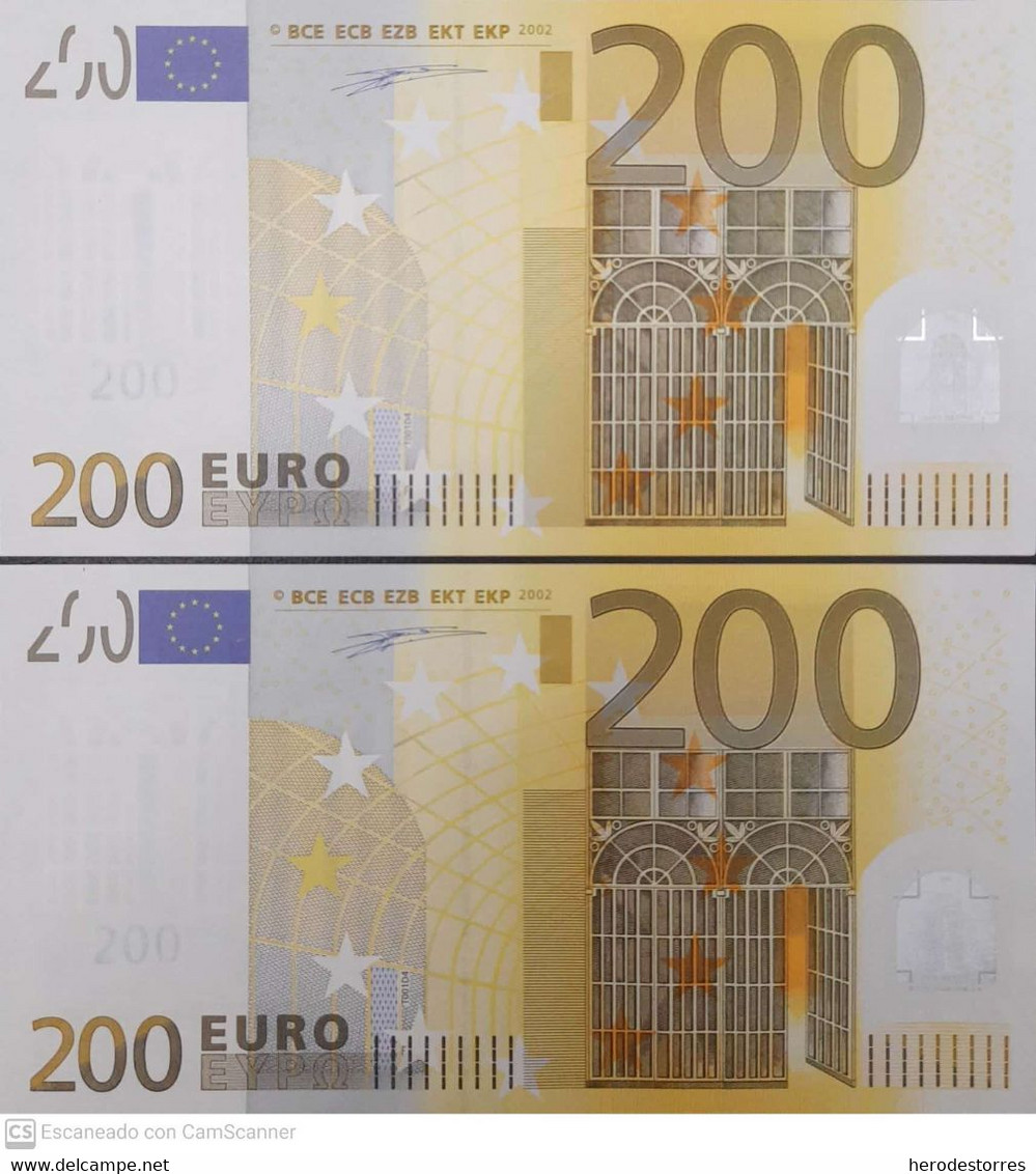 Paar Correlativ 200 EURO SPAIN (V) T001, DRAGHI, UNC - 200 Euro