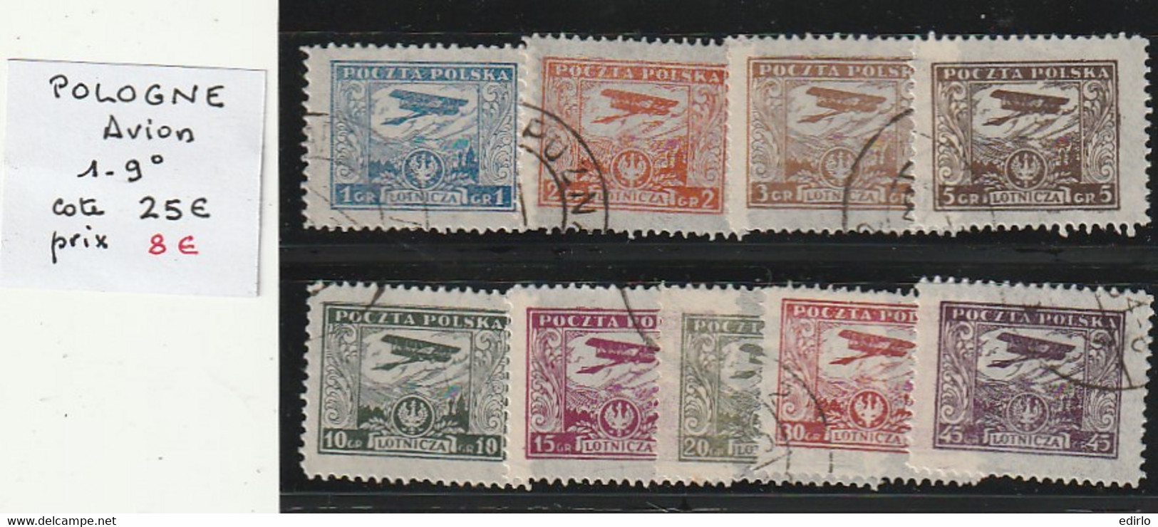 ///   POLOGNE  ///  Série Avion N° 1 à 9 Côte 40€ - Used Stamps