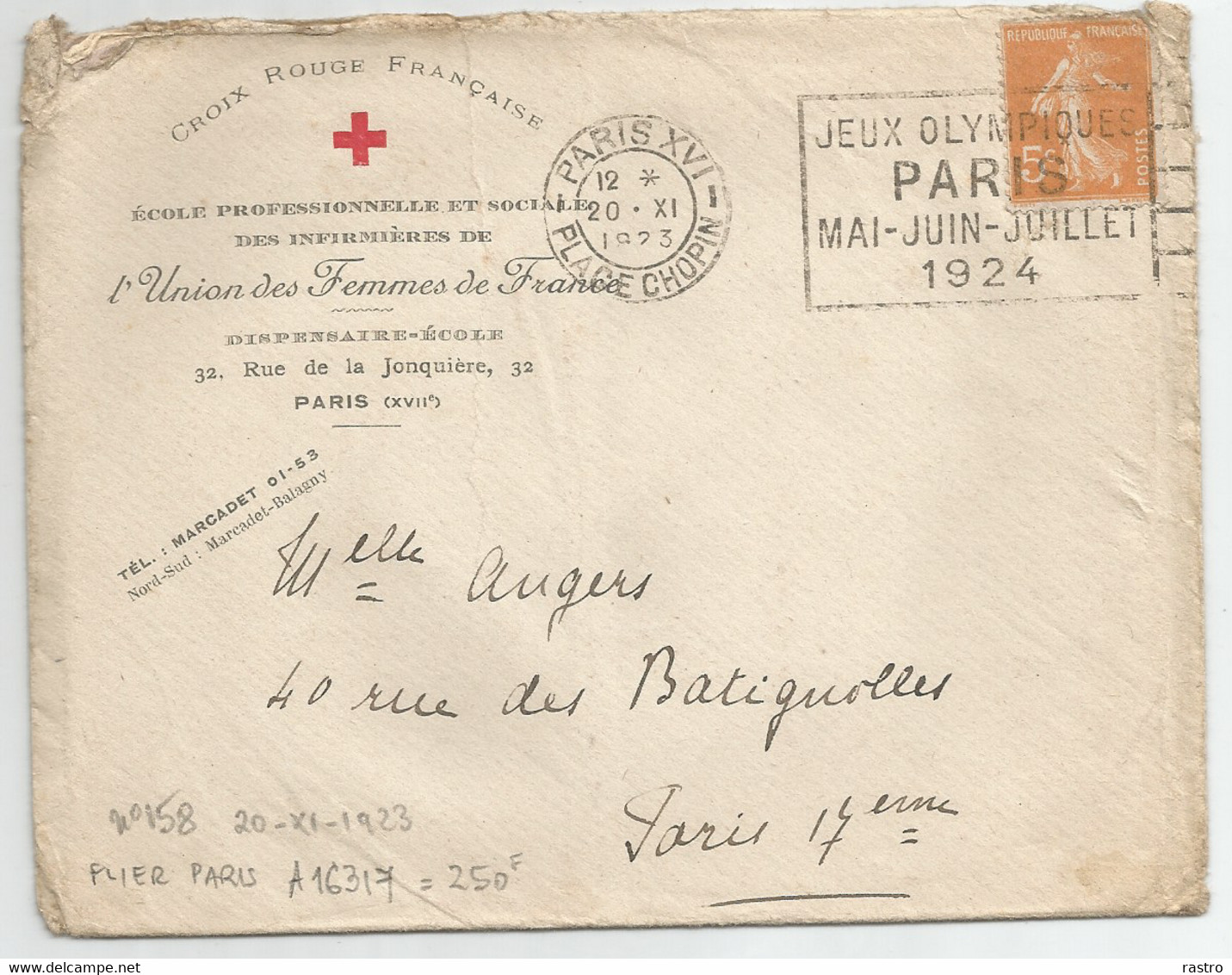 France N° 158 (Semeuse 5c Orange) Sur LsC En-tête Croix-Rouge Vers Paris ( +  Musique/Chopin) - Estate 1924: Paris