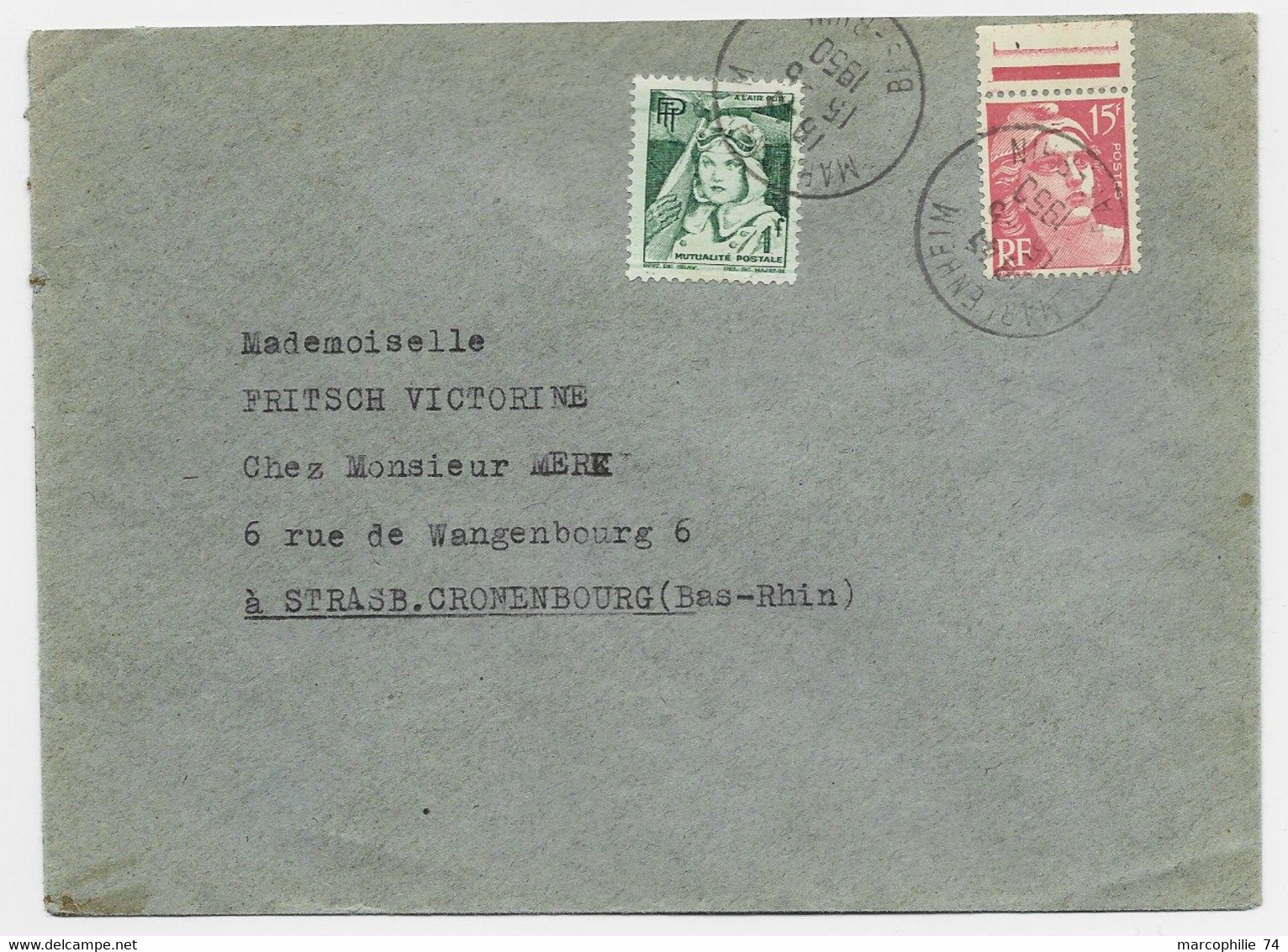 GANDON 15FR ROUGE SEUL LETTRE MARLENHEIM BAS RHIN 15.6.1950 + VIGNETTE VERTE AIR PUR MUTUALITE POSTALE - 1945-54 Marianne De Gandon