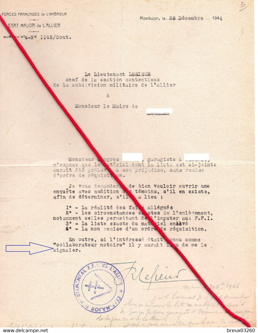 Document -   Cachet :   "  Etat-Major Départemental -F.F.I  De L'Allier "- - Dokumente