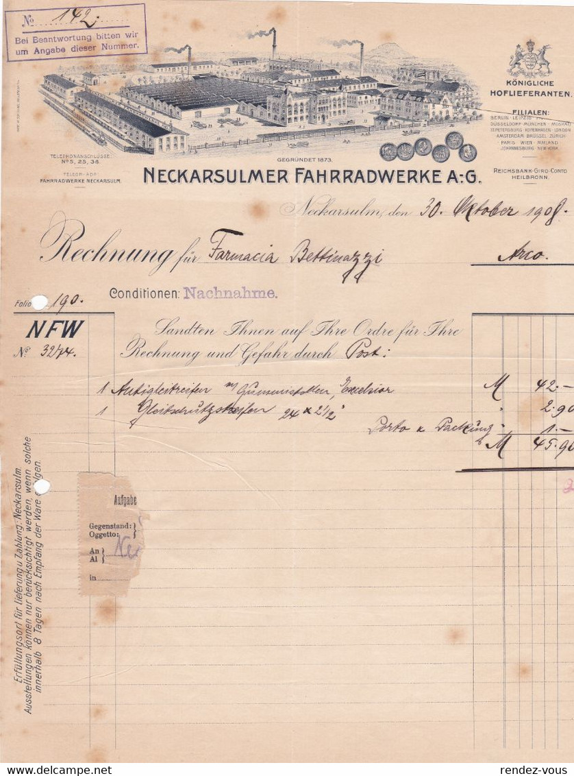 Fattura Comm.  -  Neckarsulm ,  Fahrradwelke A. - G.  -  Formato Cm. 21,7 X 28,0 - Straßenhandel Und Kleingewerbe