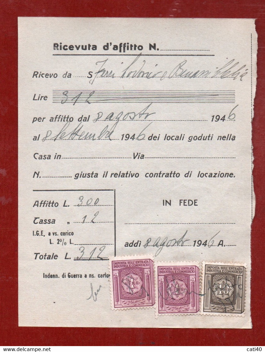 MARCHE DA BOLLO DELLA R.S.I.   SU RICEVUTA D'AFFITTO  AGOSTO  1946 - Fiscales