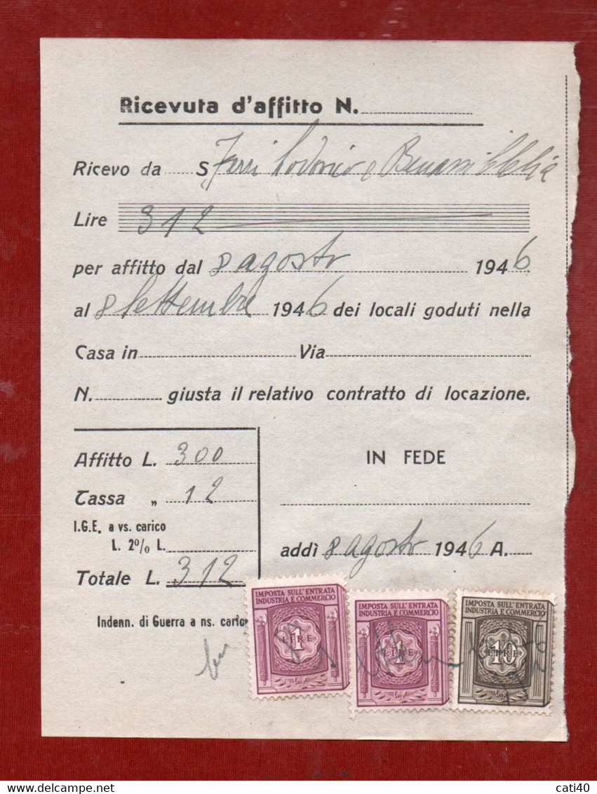 MARCHE DA BOLLO DELLA R.S.I.   SU RICEVUTA D'AFFITTO  AGOSTO  1946 - Fiscaux