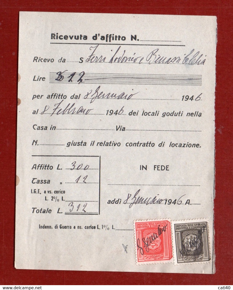 MARCHE DA BOLLO DELLA R.S.I. SU RICEVUTA D'AFFITTO  GENNAIO   1946 - Steuermarken