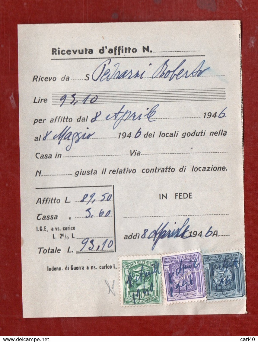MARCHE DA BOLLO DELLA R.S.I. MISTA REGNO SU RICEVUTA D'AFFITTO  APRILE 1946 - Fiscali