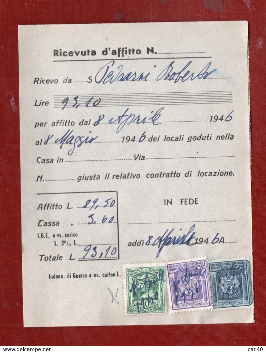 MARCHE DA BOLLO DELLA R.S.I. MISTA REGNO SU RICEVUTA D'AFFITTO  APRILE 1946 - Fiscaux