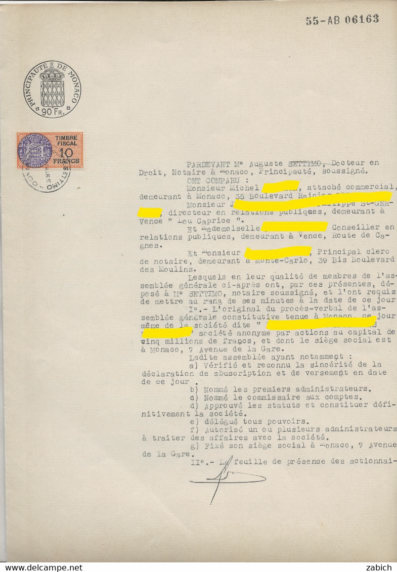 FISCAUX DE MONACO SERIE UNIFIEE  De 1949 N°6 10F ORANGE En Complémenr Sur Papier Timbre 90F Le  23 Janvier1957 - Fiscales