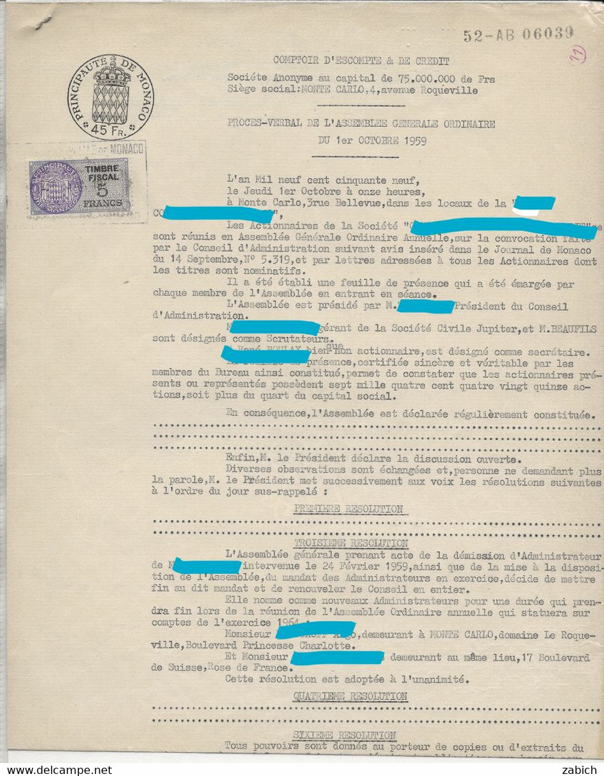 FISCAUX DE MONACO SERIE UNIFIEE  De 1949 N°5 5F Violet En Complémenr Sur Papier Timbre 45F Le  3 Mars 1954 - Fiscale Zegels