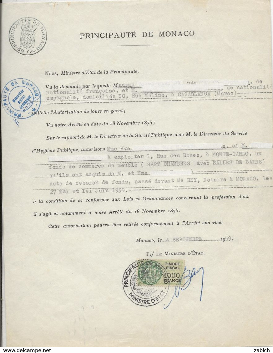 FISCAUX DE MONACO SERIE UNIFIEE  De 1949 N°19 1000F Vert Sur Papier Timbre 50Frs  Le  4 Septembre 1959 - Fiscale Zegels