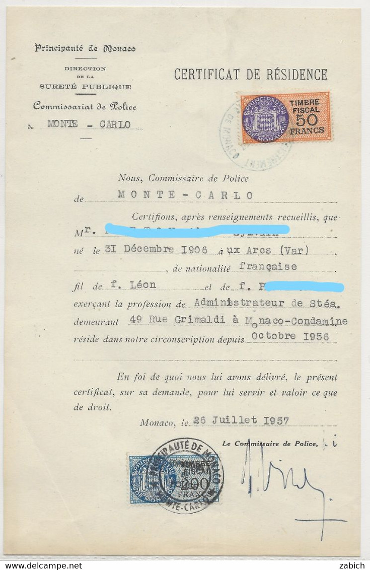 FISCAUX DE MONACO SERIE UNIFIEE  De 1949 N°12 50F Orange Er N°16 200F Bleu Le 26 Juillet 1957 - Steuermarken