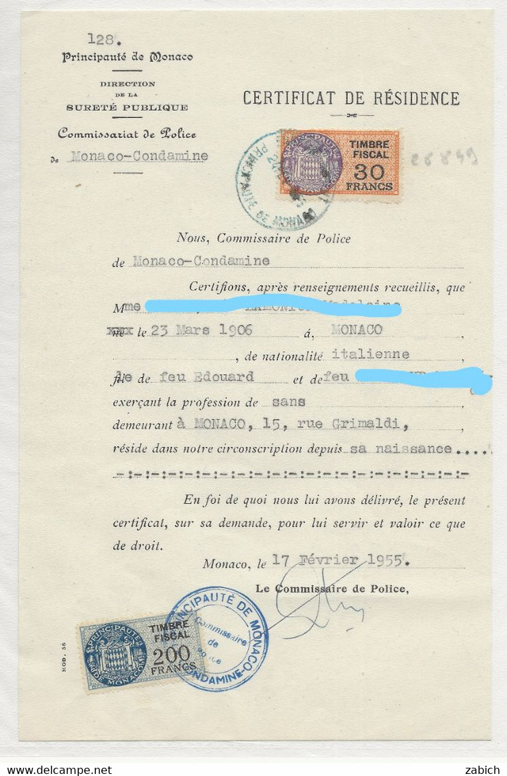 FISCAUX DE MONACO SERIE UNIFIEE  De 1949 N°9 30F Orange Er N°16 200F Bleu Le 17 Février 1955 - Steuermarken