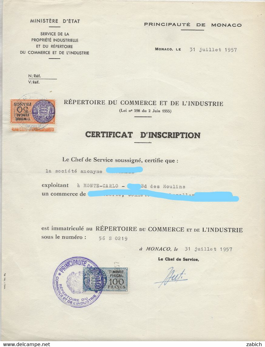 FISCAUX DE MONACO SERIE UNIFIEE  De 1949 N°9  50F Orange Er N°15 100F Bleu Le 31 Juillet 1957 - Revenue